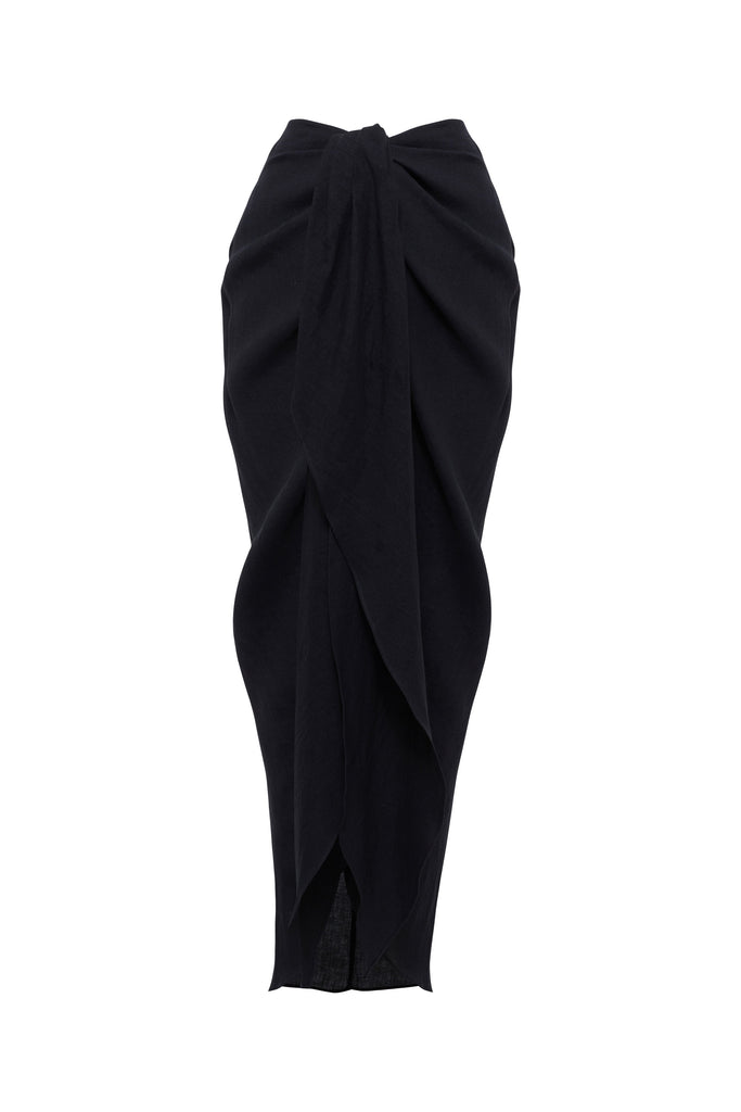 Tie Front Draped Skirt in Linen Canvas - Black